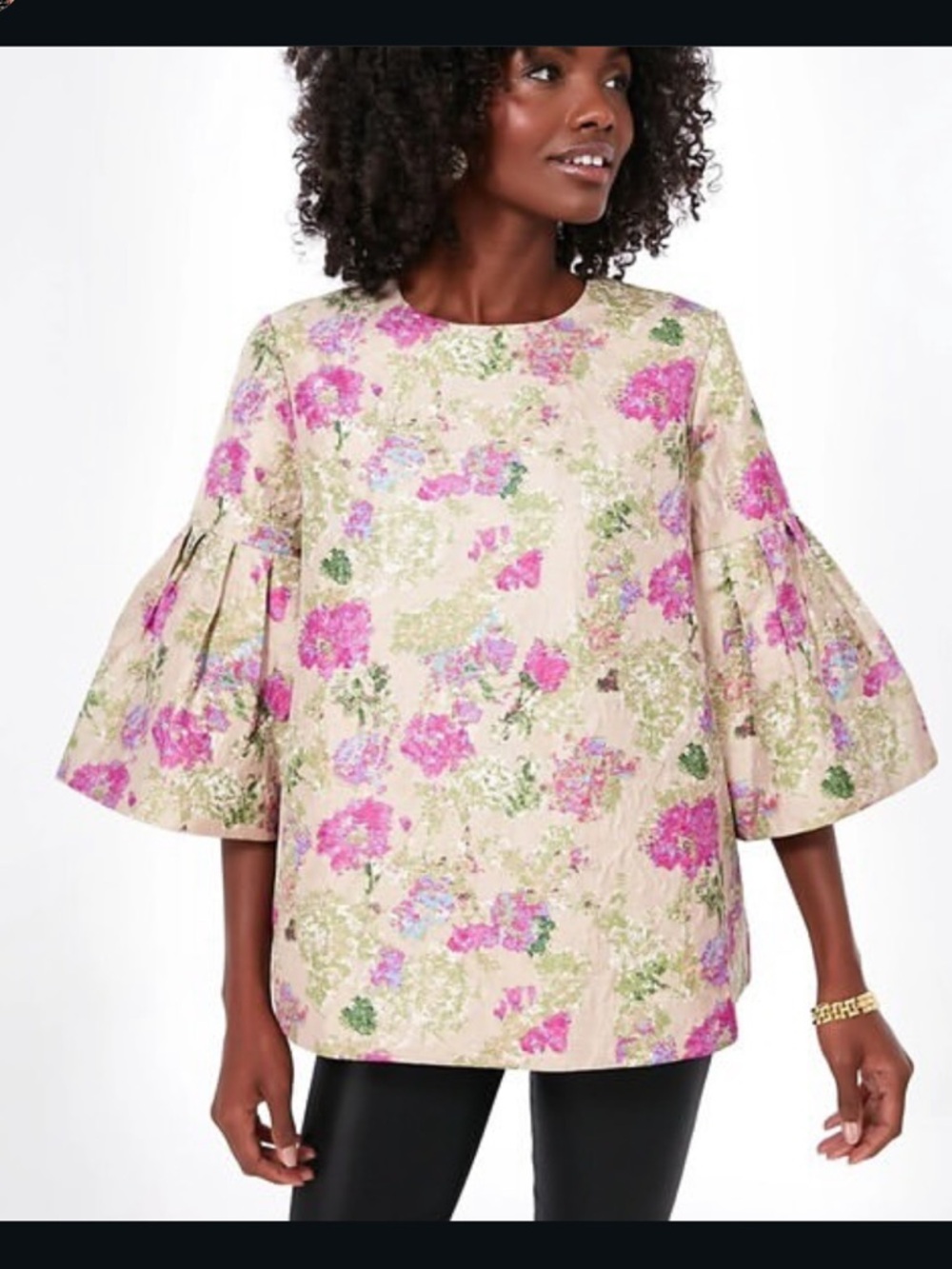 Tuckernuck Pink and Cream Floral Bell-Sleeve Blouse